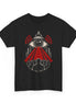 A black short-sleeve crewneck t-shirt featuring a graphic print of an all-seeing eye with red laser beams and silhouettes of people underneath, displayed on a solid white background.