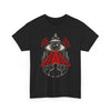 A black short-sleeve crewneck t-shirt featuring a graphic print of an all-seeing eye with red laser beams and silhouettes of people underneath, displayed on a solid white background.