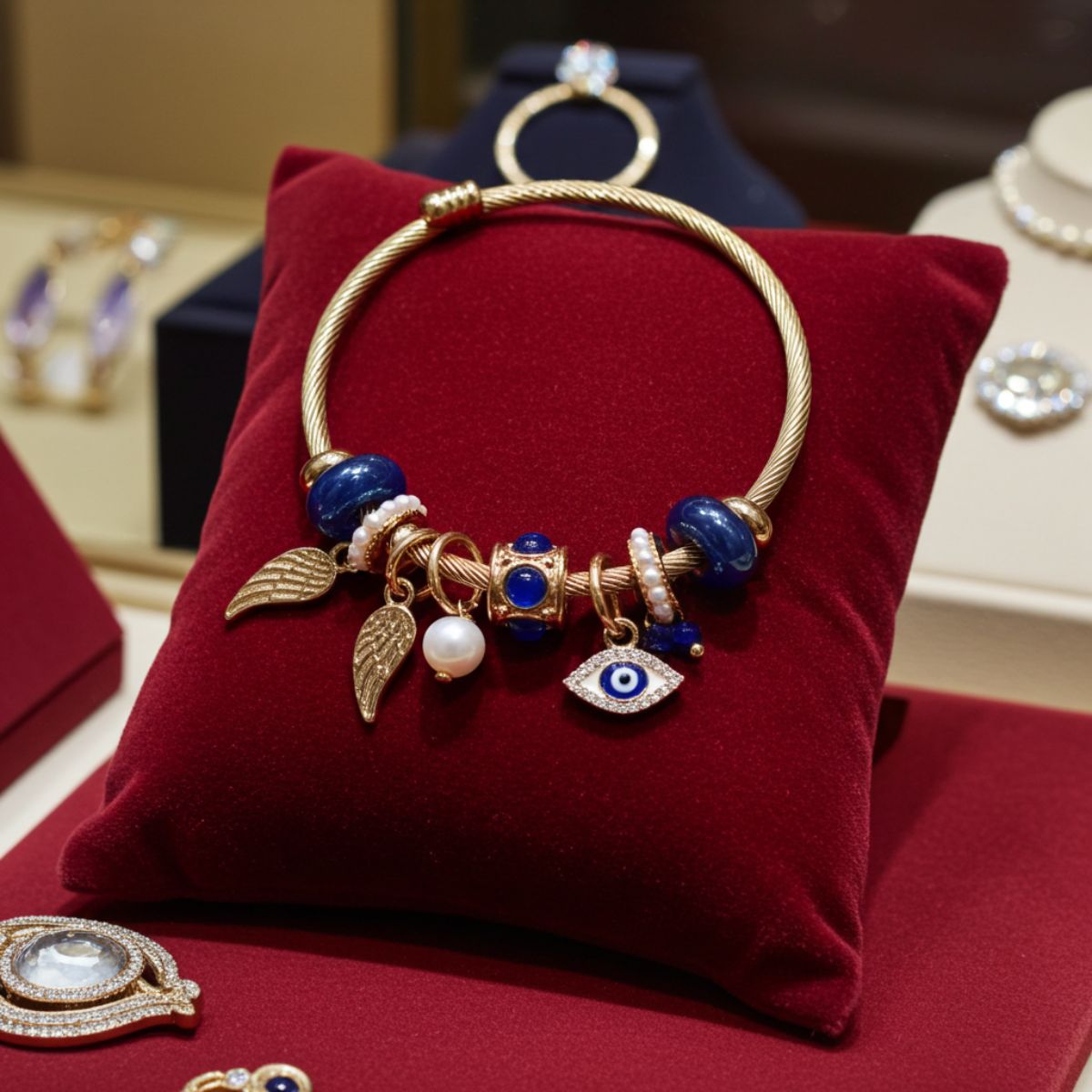 Gold-Tone Evil Eye Charm Bracelet with Blue Beads Jewellery