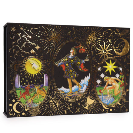 Decorative box with astrological design featuring a central figure, sun, moon, and stars on a black background.