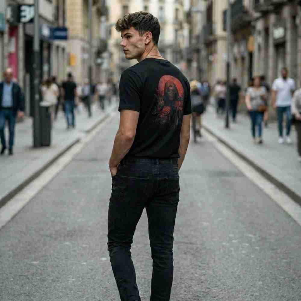 Man wearing a black t-shirt with a graphic design on a city street