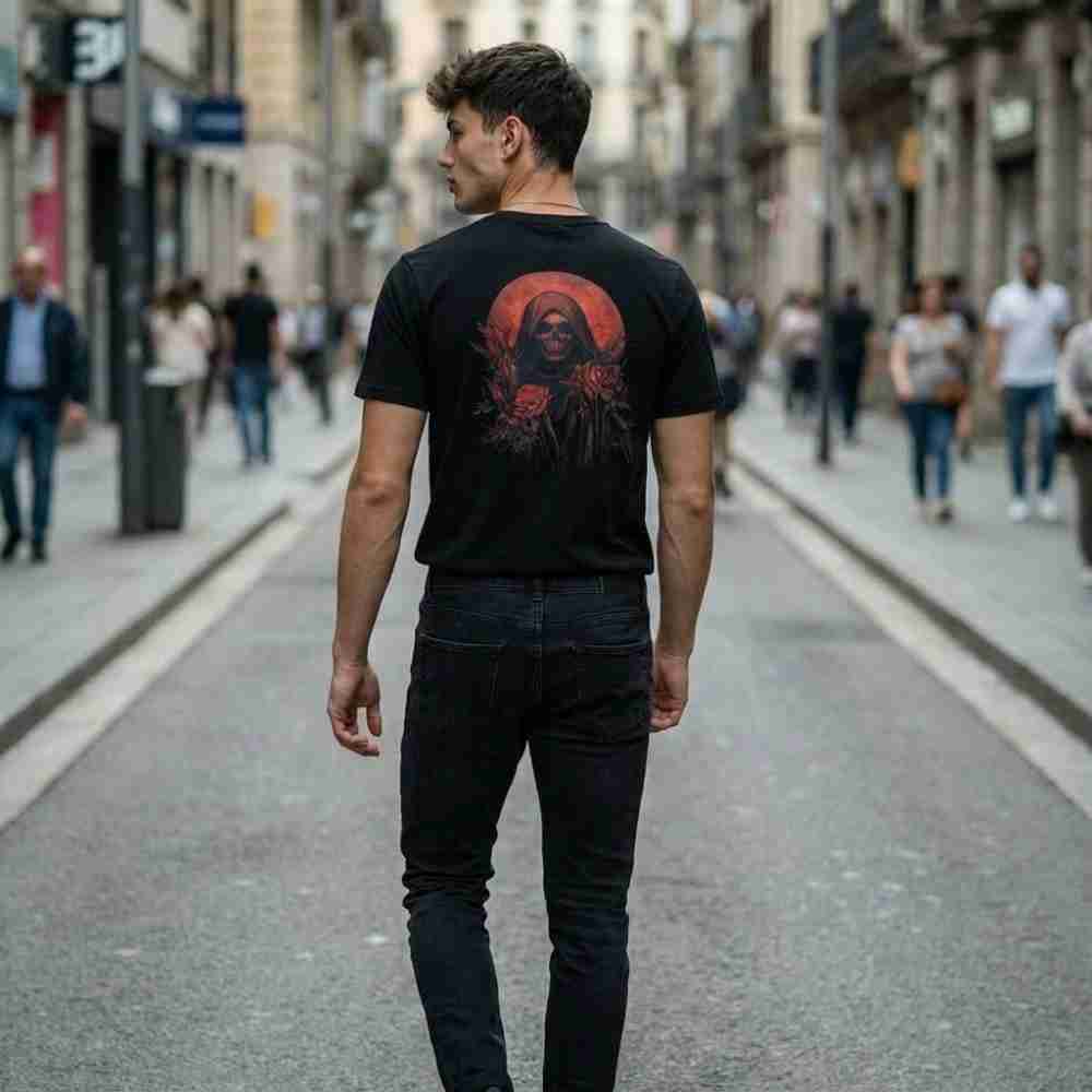 Man walking down a city street wearing a black t-shirt with a graphic design on the back.