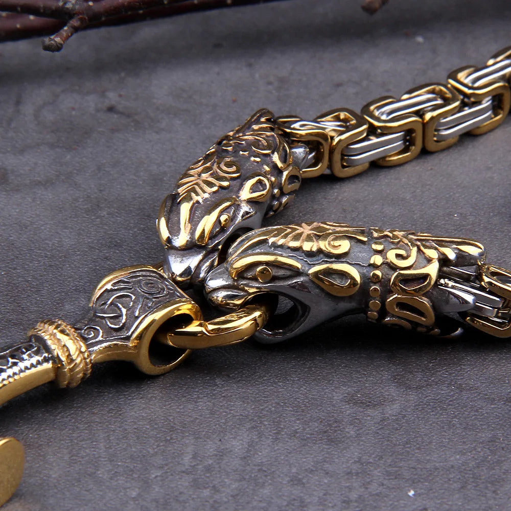 Viking Wolf Heavy Chain with Mjolnir  | Stainless Steel Byzantine Chain
