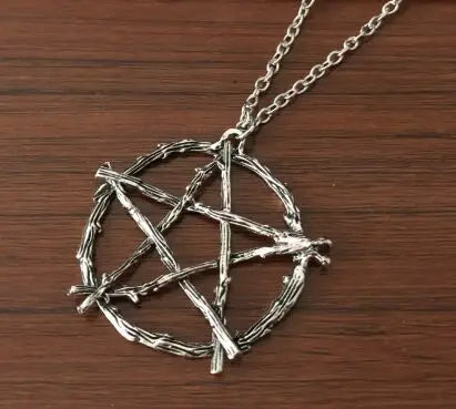 Silver Twig Pentagram Necklace | Rustic Wiccan Branch Pendant & Long Chain Antique Silver Plated 70cm Necklace