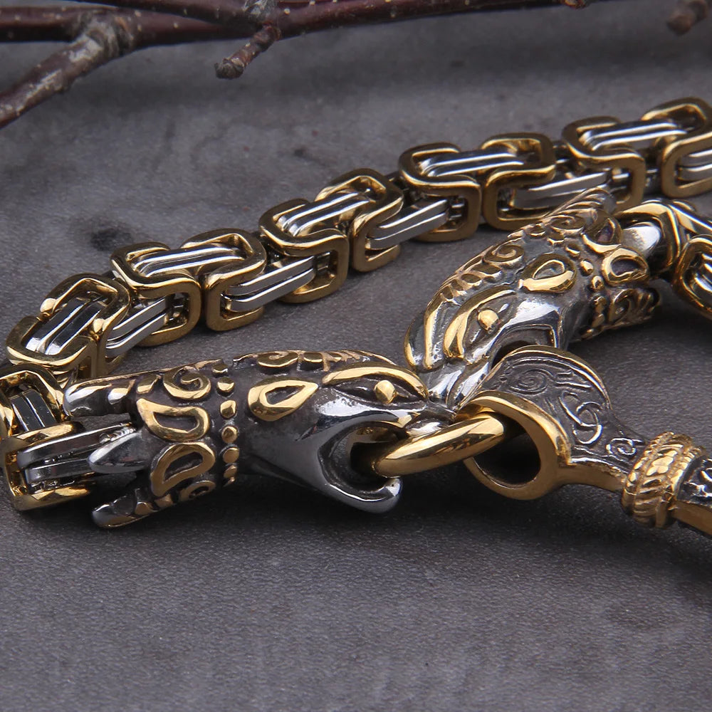 Viking Wolf Heavy Chain with Mjolnir  | Stainless Steel Byzantine Chain
