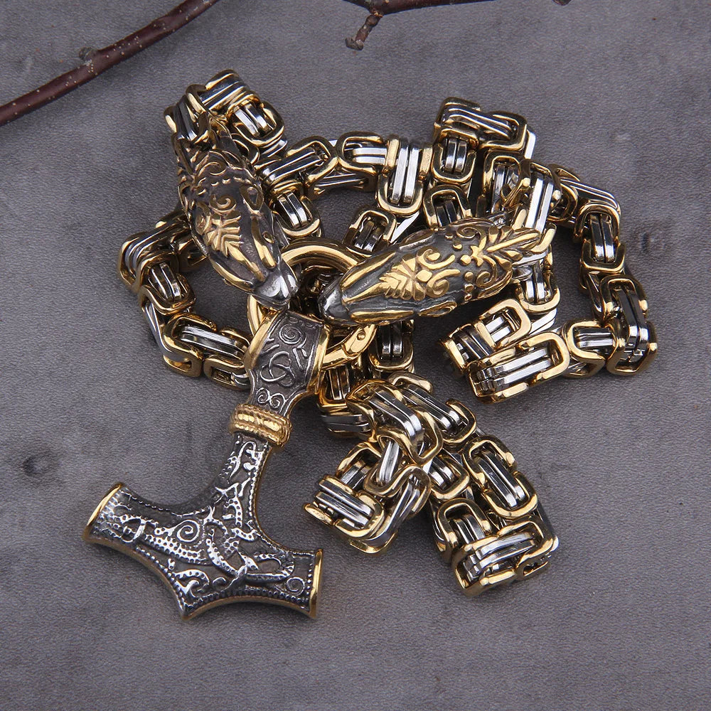Viking Wolf Heavy Chain with Mjolnir  | Stainless Steel Byzantine Chain