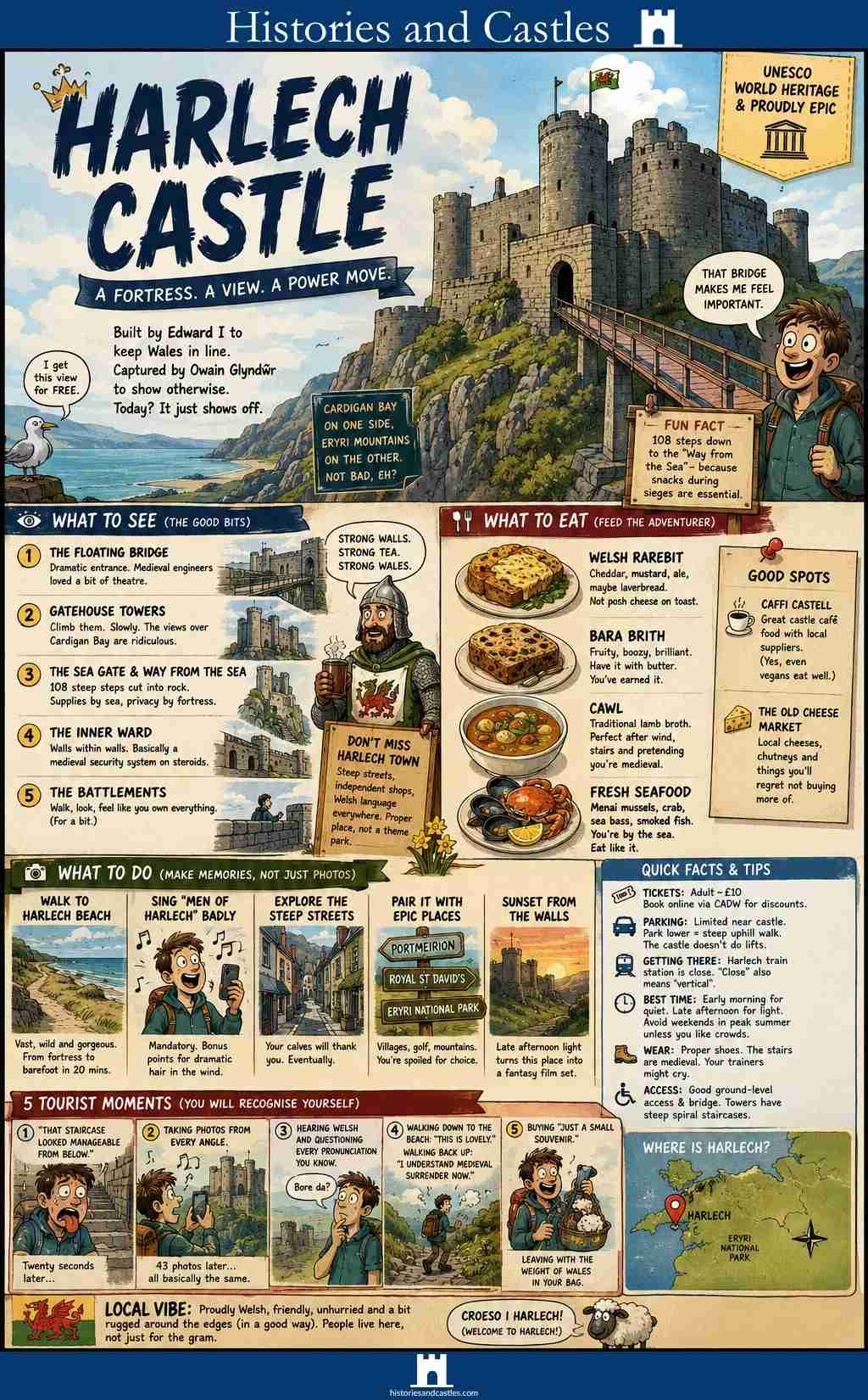 Infographic about Harlech Castle with text, images, and a castle illustration.