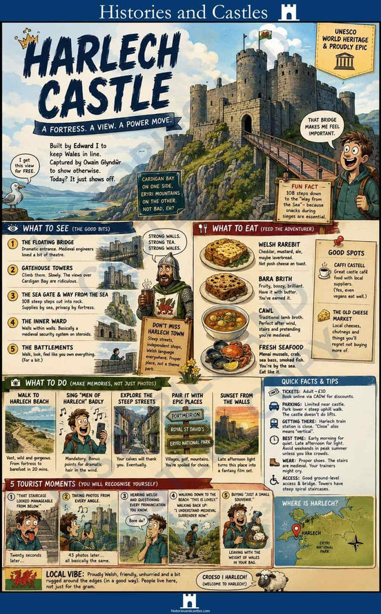 Infographic about Harlech Castle with text, images, and a castle illustration.