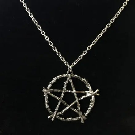 Silver Twig Pentagram Necklace | Rustic Wiccan Branch Pendant & Long Chain Necklace
