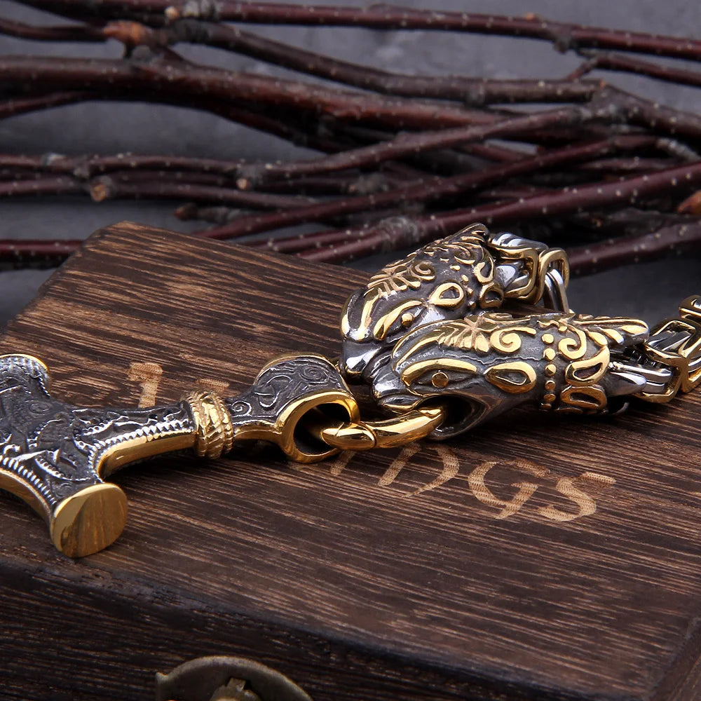 Viking Wolf Heavy Chain with Mjolnir  | Stainless Steel Byzantine Chain