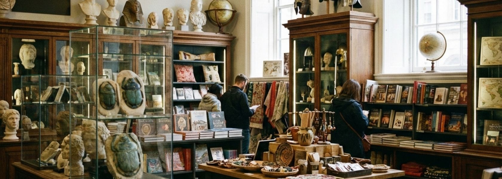 Interior of a museum or antique store with display cases, books, and various artifacts.