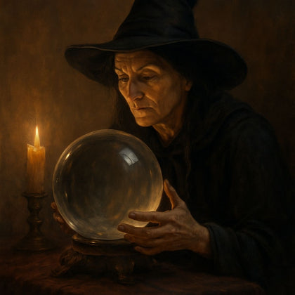 Woman in a dark robe holding a glowing crystal ball in a dimly lit room with a candle.