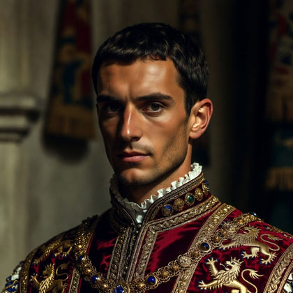 Man in a detailed historical costume with intricate designs