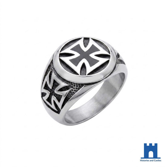 Knights Templar cross ring in polished 316L stainless steel with Maltese cross raised against black resin face and matching shoulder detail