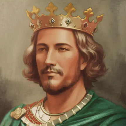 Illustration of King Henry III wearing a gold crown and green royal mantle against a soft painted background.
