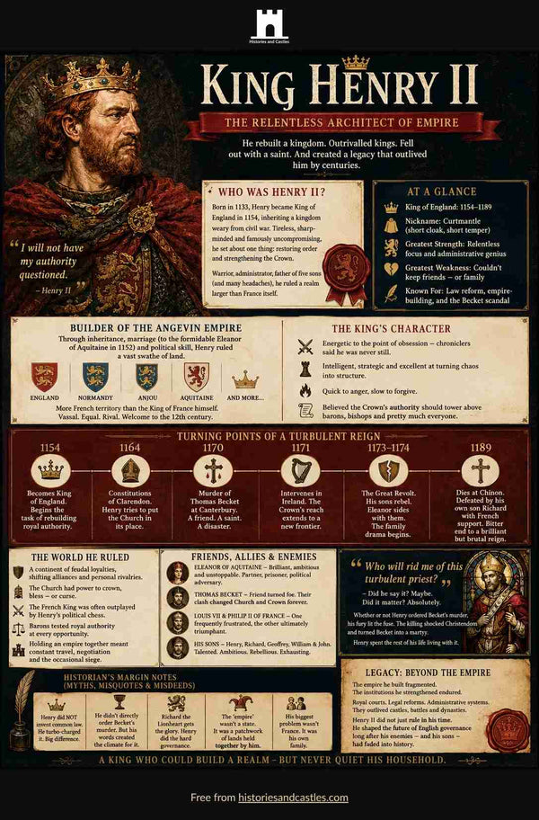 Infographic about King Henry II with historical details and illustrations.