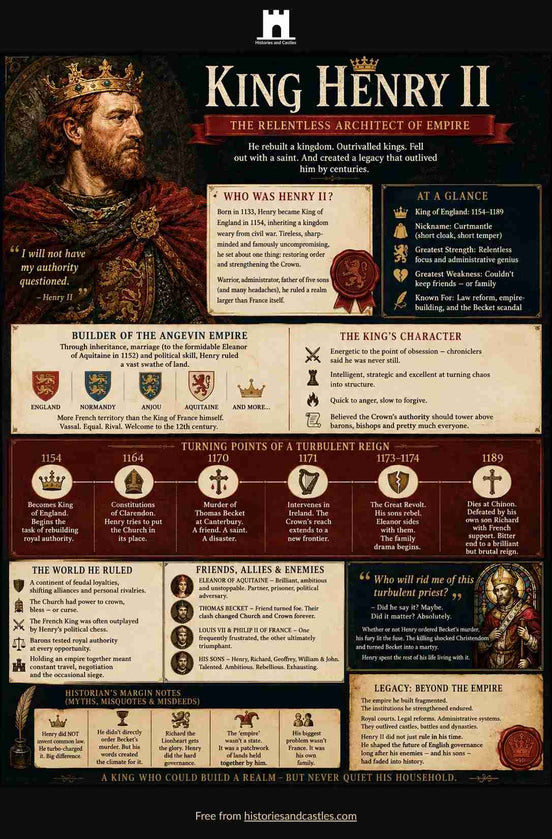 Infographic about King Henry II with historical details and illustrations.