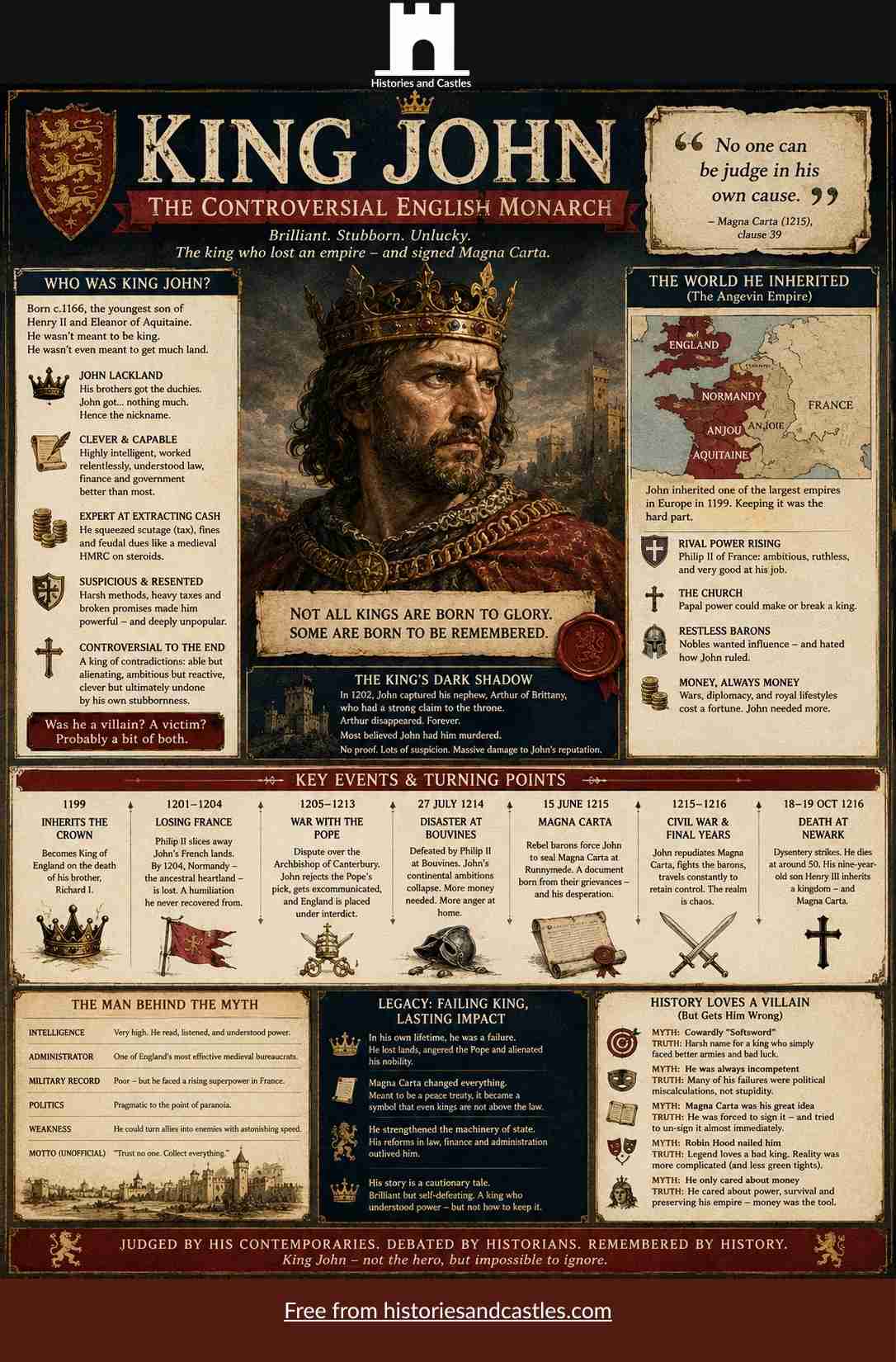 Infographic about King John, the Controversial English Monarch, with historical details and illustrations.