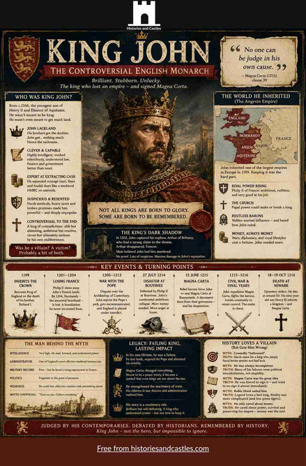 Infographic about King John, the Controversial English Monarch, with historical details and illustrations.
