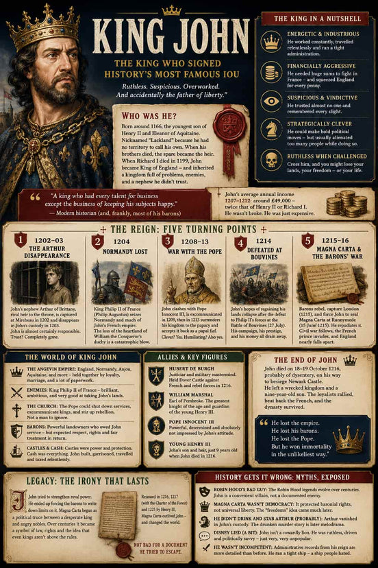 Infographic about King John, the Controversial English Monarch, with historical details and illustrations.