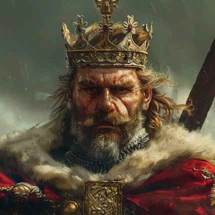 King Richard I depicted in battle armour with a gold crown and red cloak, showing a fierce expression.