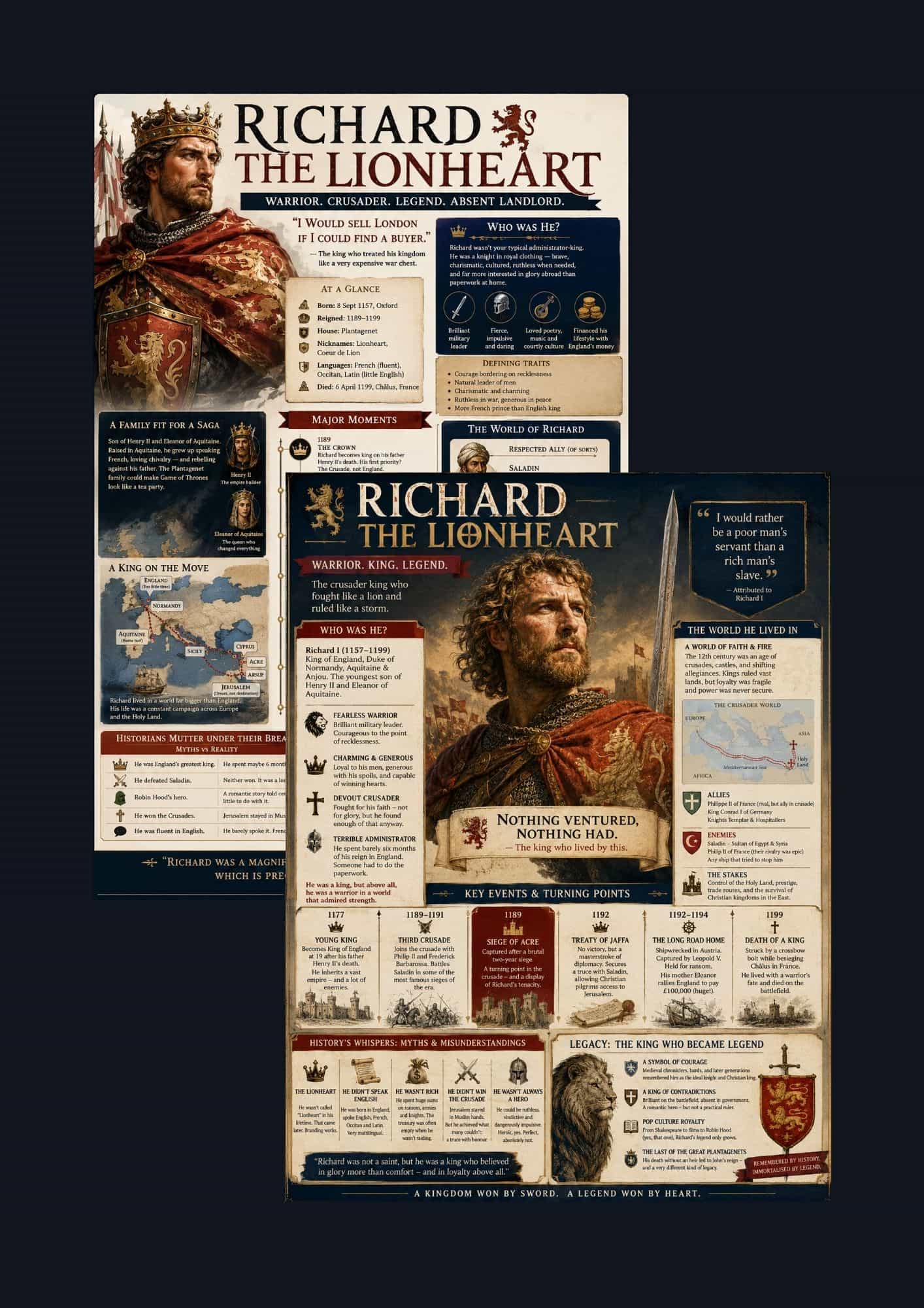 two illustrated infographics of King Richard I The Lionheart