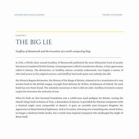 Text document with chapter title 'The Big Lie' and introductory text about Geoffrey of Monmouth.