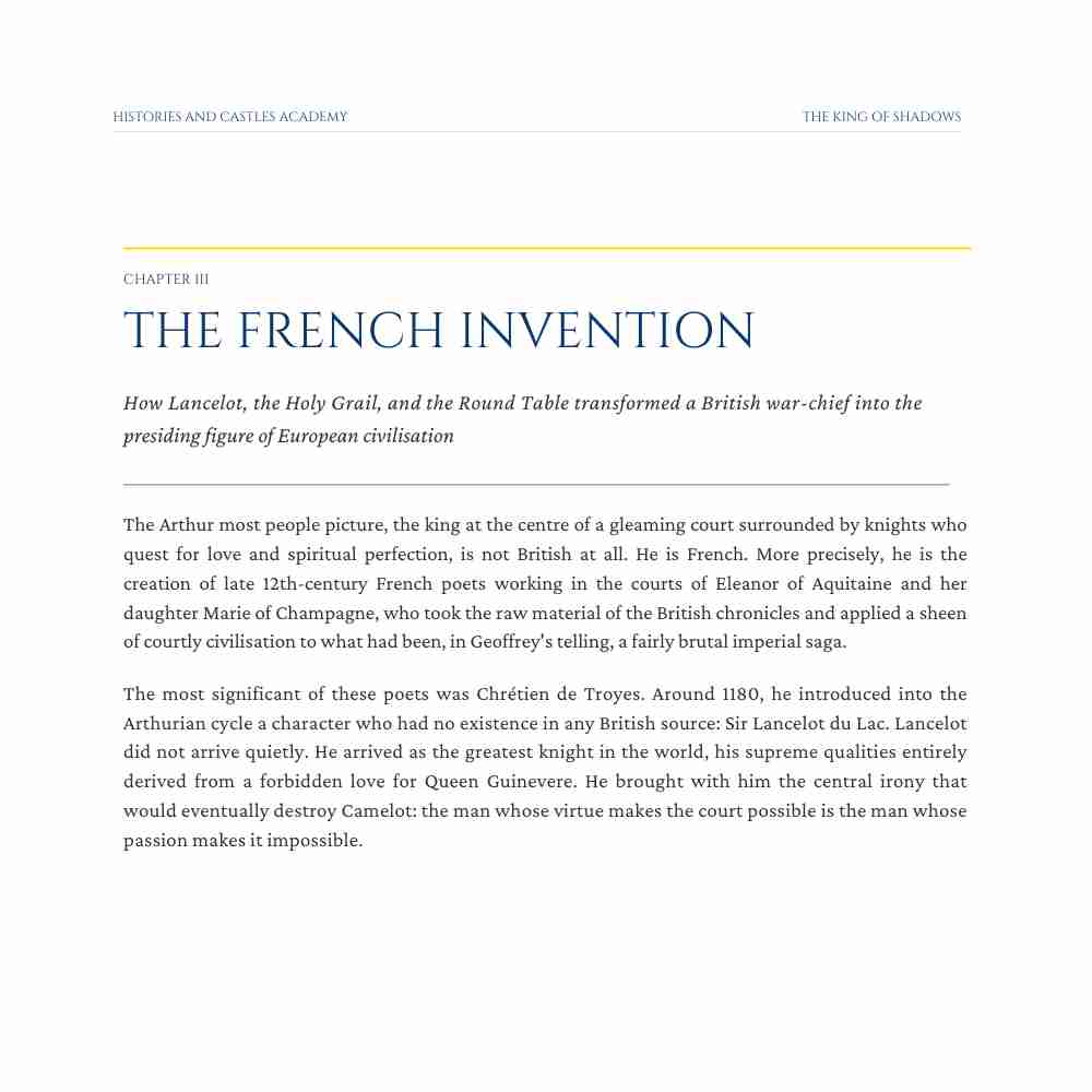 Text document titled 'The French Invention' discussing Lancelot, the Holy Grail, and the Round Table.