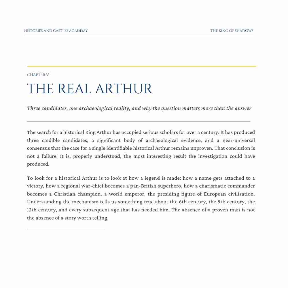 Text document discussing the search for a historical Arthur with a white background.