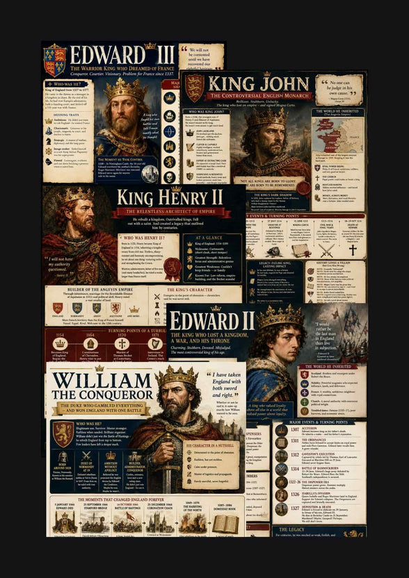 A vertical poster-style collage featuring illustrated portraits of English monarchs—Edward III, King John, King Henry II, and William the Conqueror—along with historical text panels, seals, and decorative medieval graphics on a dark background.