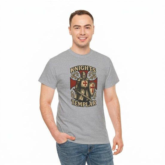 Man wearing Knights Templar t-shirt in sport grey featuring a fully armoured Crusader knight with red cross shield and gold heraldic illustration, printed on Gildan 5000 heavyweight cotton