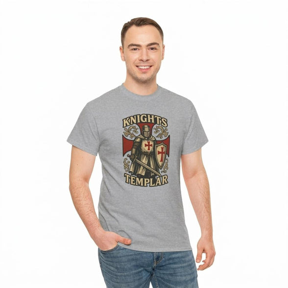 Man wearing Knights Templar t-shirt in sport grey featuring a fully armoured Crusader knight with red cross shield and gold heraldic illustration, printed on Gildan 5000 heavyweight cotton