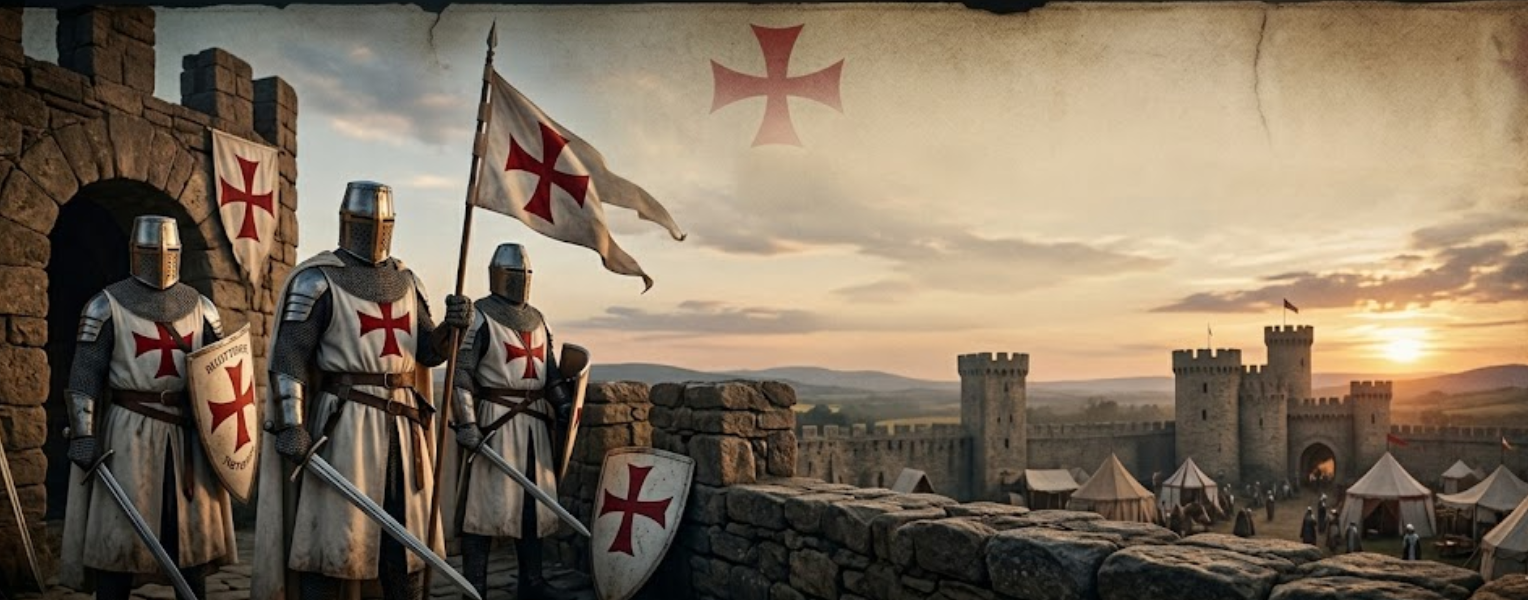 Medieval scene with knights in armor and a castle, featuring a Crusader flag.
