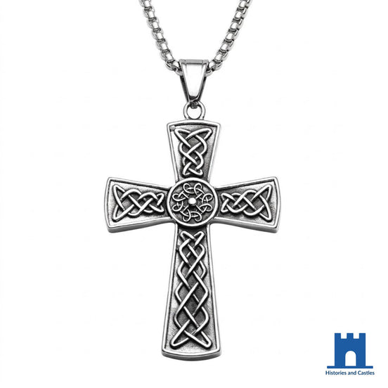 Celtic knotwork cross pendant in silver tone stainless steel with interlocking knot detail on every arm and spiral centre medallion, on polished box chain