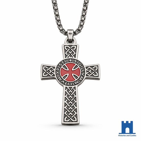 Medieval Templar cross pendant in steel tone stainless steel with Celtic knotwork arms, red enamel centre and Sigillum Latin inscription border on wheat chain