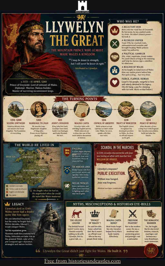 Infographic about Llywelyn the Great with historical details and illustrations.