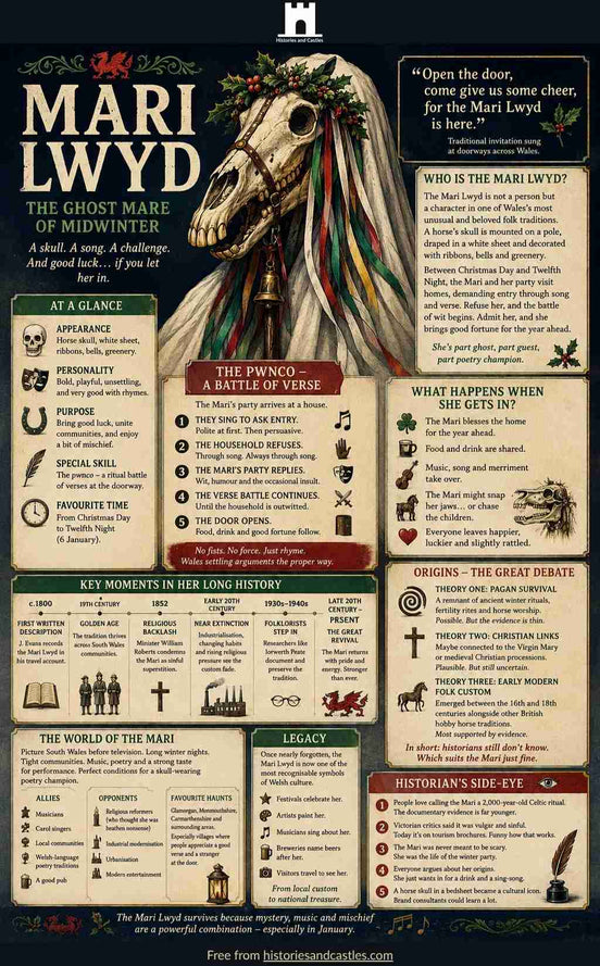 Infographic about Mari Lwyd, the ghost mare of Midwinter, with text and illustrations.