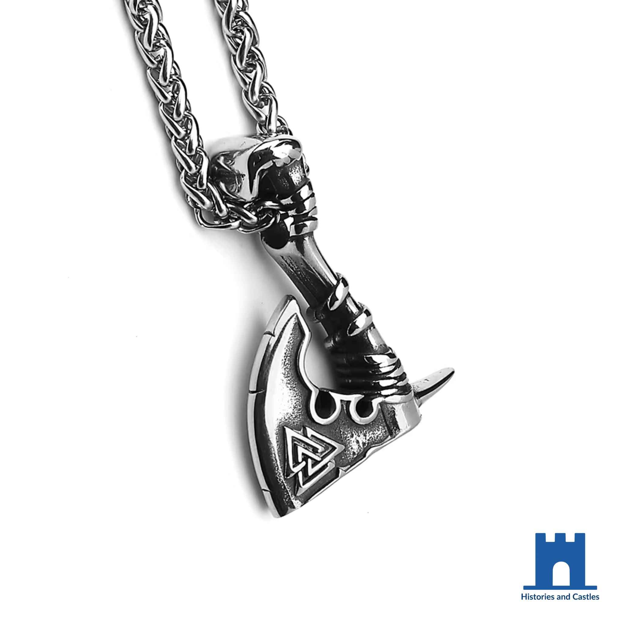 Viking axe Valknut pendant worn on chain showing full piece