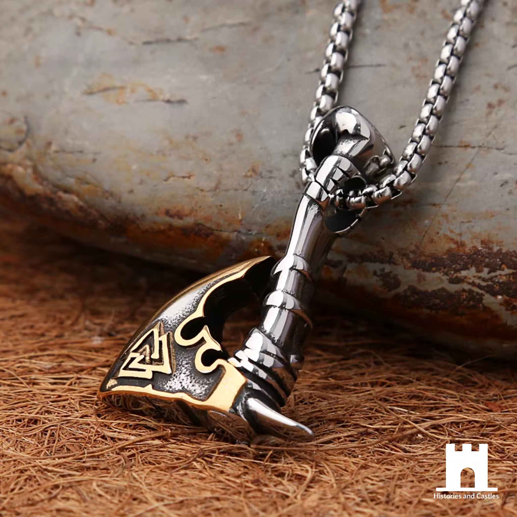 Viking axe Valknut pendant in silver-tone 316L stainless steel