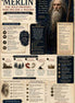 Infographic about Merlin, the wild prophet who became a wizard, with text and images on a beige background.