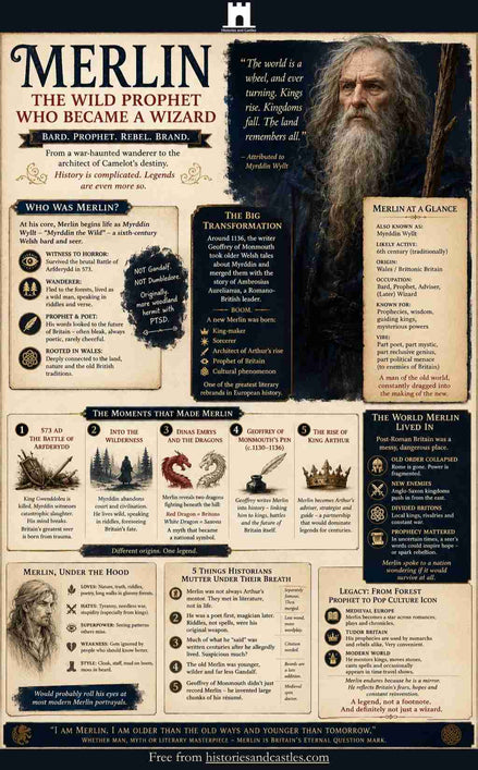 Infographic about Merlin, the wild prophet who became a wizard, with text and images on a beige background.