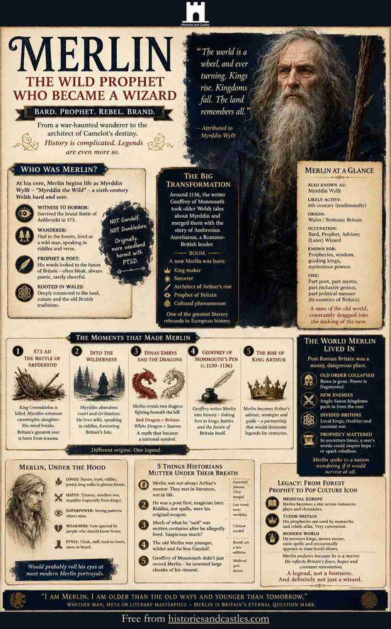 Infographic about Merlin, the wild prophet who became a wizard, with text and images on a beige background.