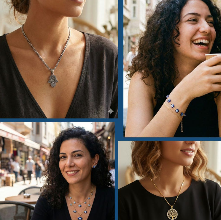 Collage of women wearing necklaces and bracelets with various settings.