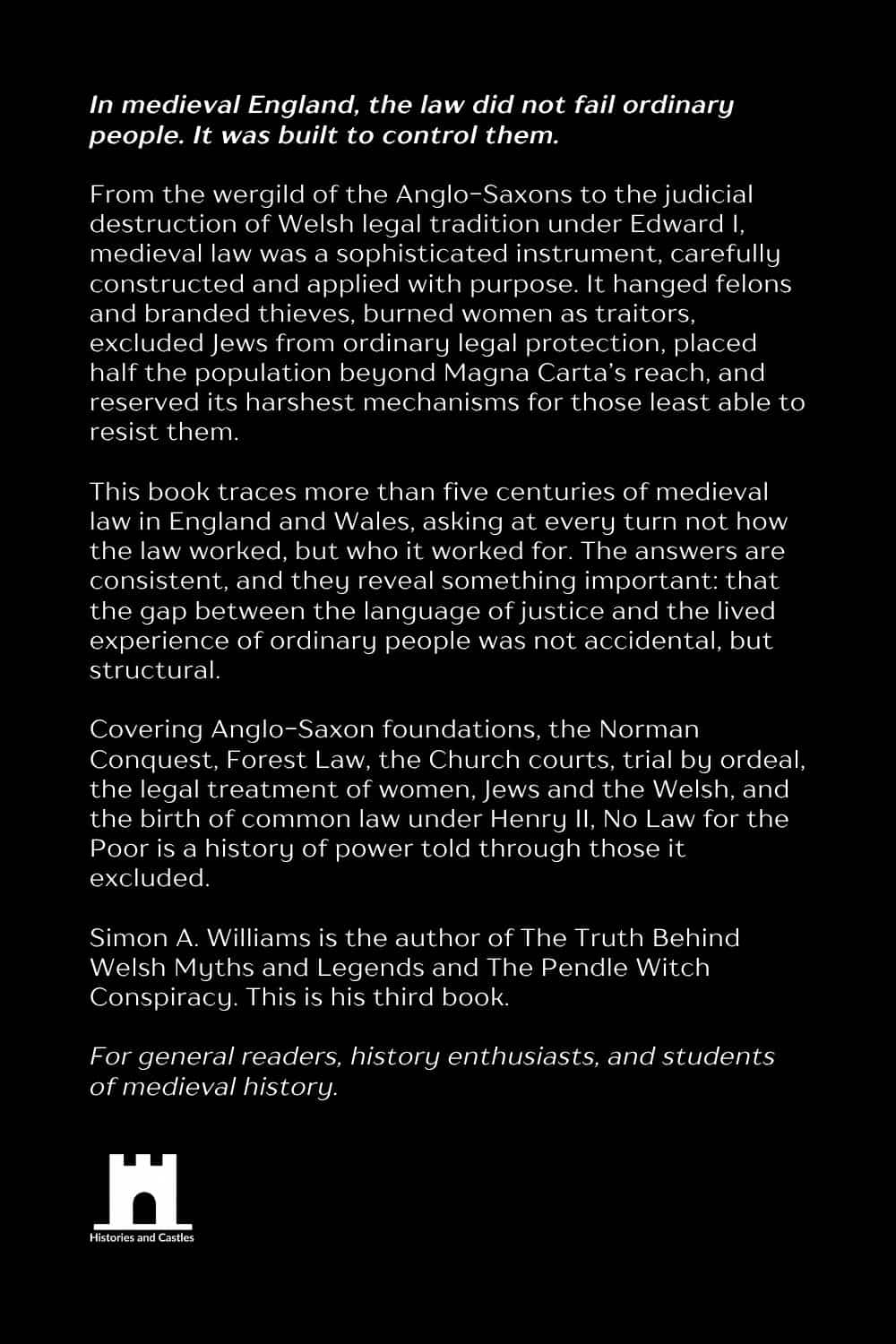 The back cover of a book on medieval law, featuring white text on a black background with a small publisher logo at the bottom left.