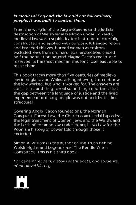 The back cover of a book on medieval law, featuring white text on a black background with a small publisher logo at the bottom left.