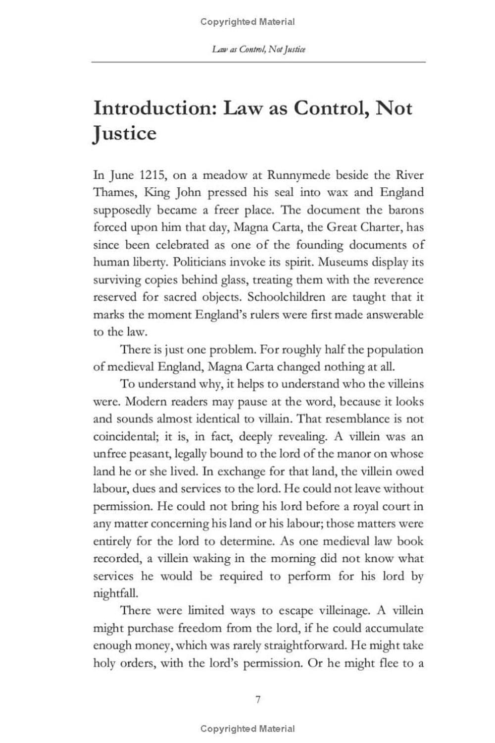 A single printed page from the book No Law for the Poor with the heading 'Introduction: Law as Control, Not Justice' and several paragraphs of black text on a white page, with 'Copyrighted Content' watermarks at the top and bottom.