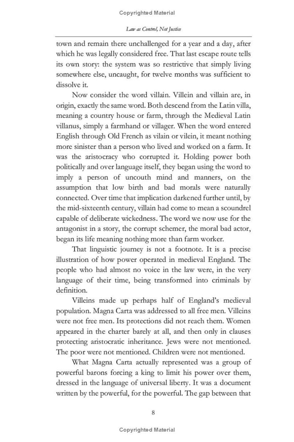 A page of printed text from the book No Law for the Poor, with the title 'Law and Control, No Justice' at the top and multiple paragraphs of black serif text on a white page.