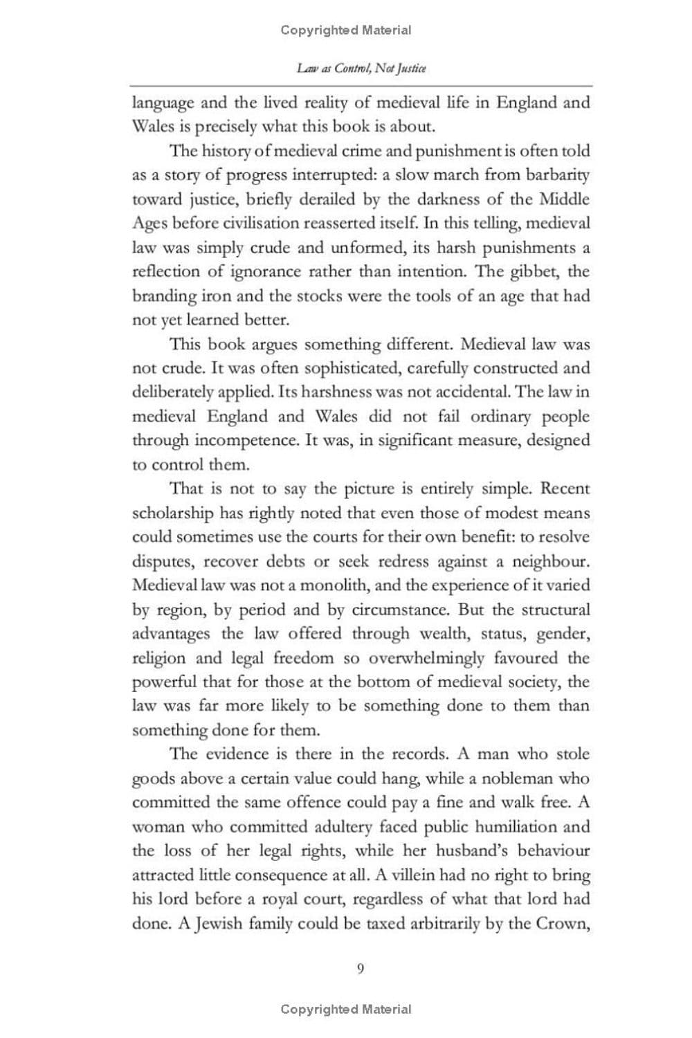 A page of printed text from the book No Law for the Poor, with the title 'Law and Control, No Justice' at the top and multiple paragraphs of black serif text on a white page.