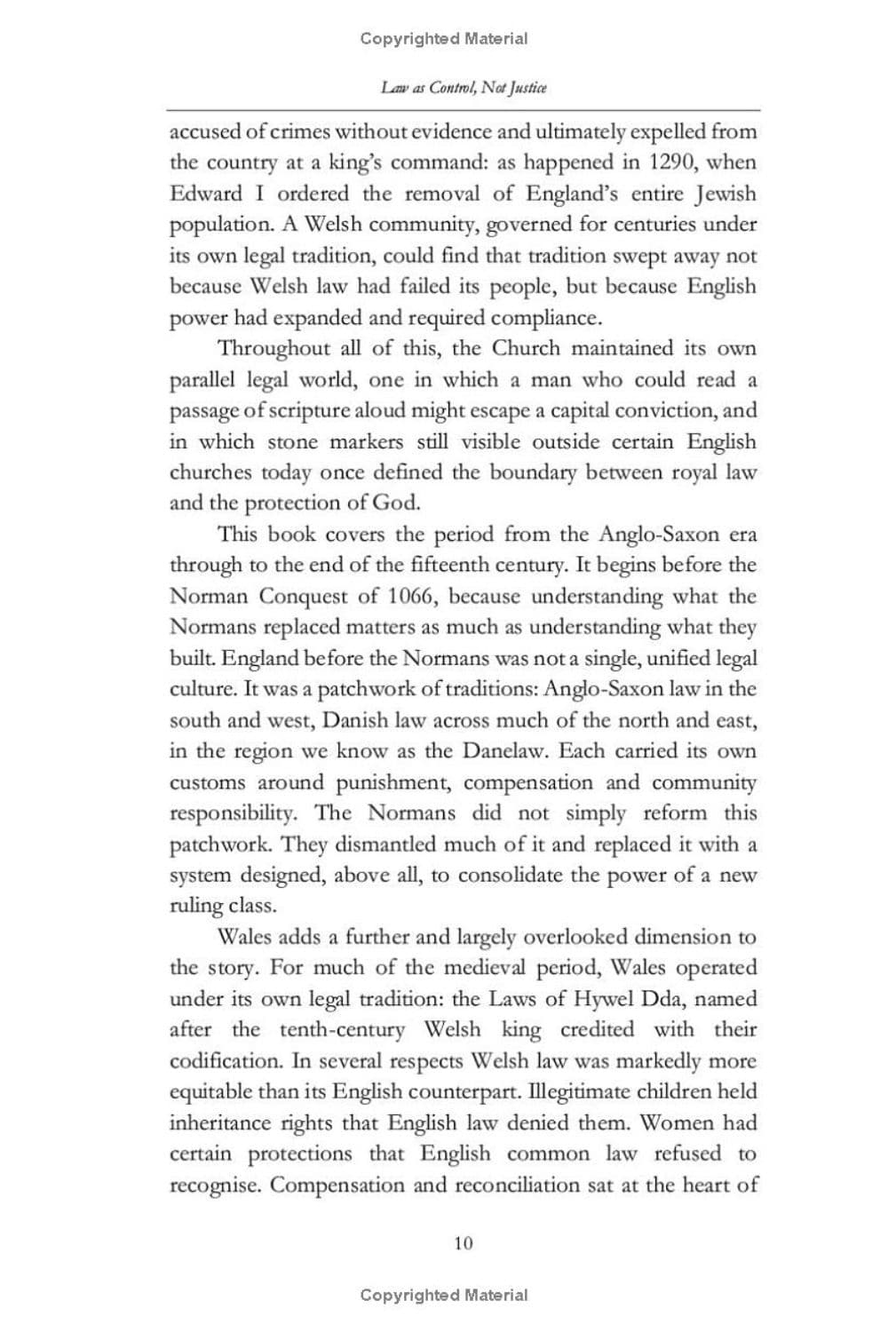 A scanned book page showing printed text from 'Law at Court, Vol 1 & 2' with black serif text on a white page, labeled 'Copyrighted Material' at the top and '10' at the bottom.