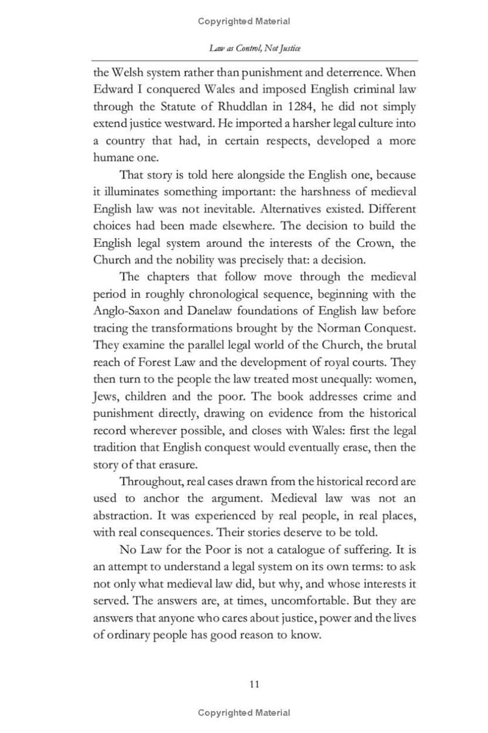 A page of printed text from the book No Law for the Poor, with the title 'Law and Control, No Justice' at the top and multiple paragraphs of black serif text on a white page.